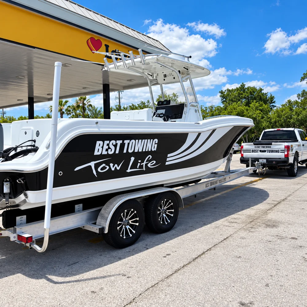 A boat branded Best Towing Tow Life on its trailer