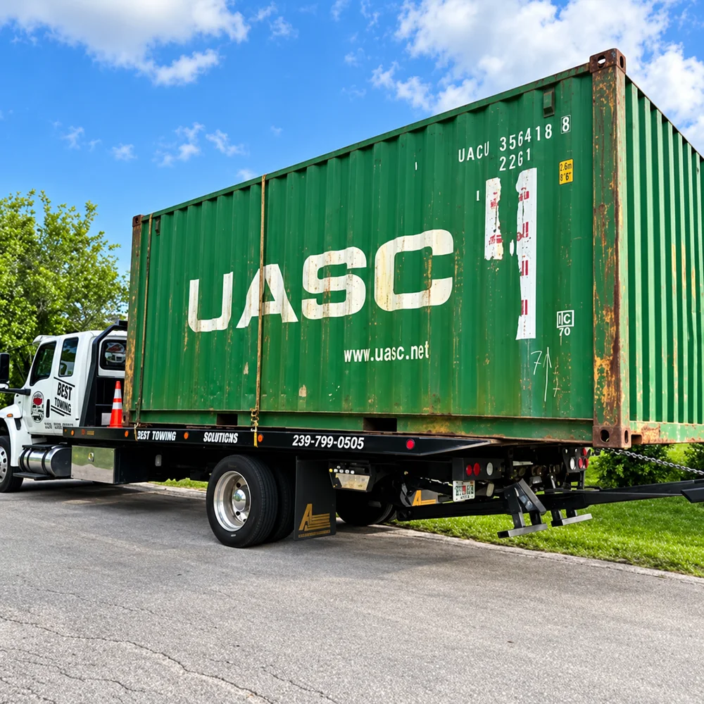 A shipping container loaded on a Best Towing flatbed