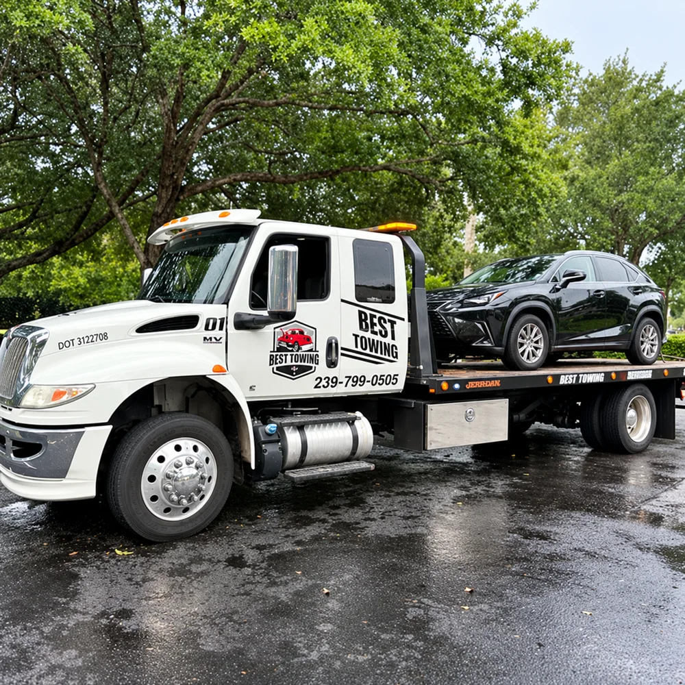 An SUV loaded on a Best Towing flatbed