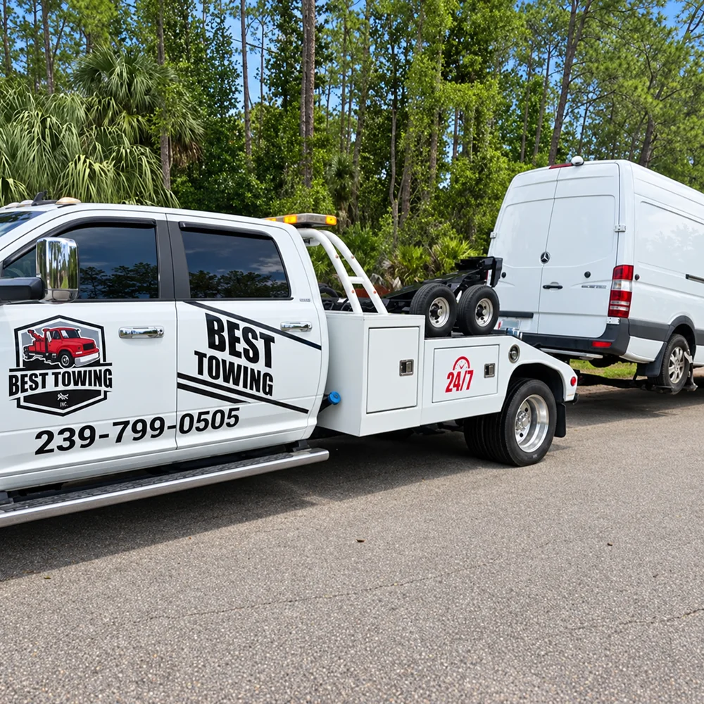 A Best Towing wrecker towing a white cargo van
