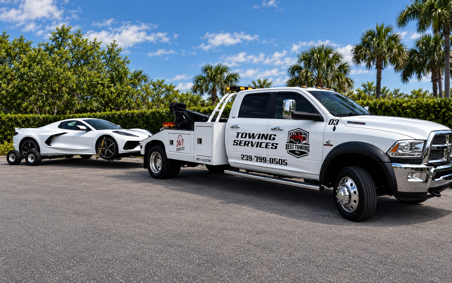 A Best Towing wrecker transporting a white Corvette