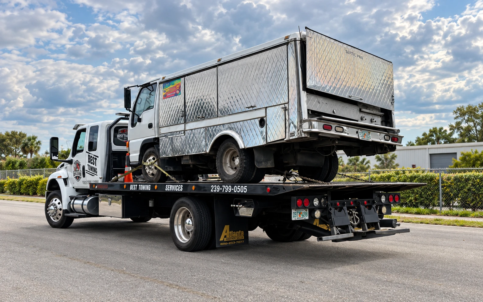 A Best Towing flatbed carrying a box truck