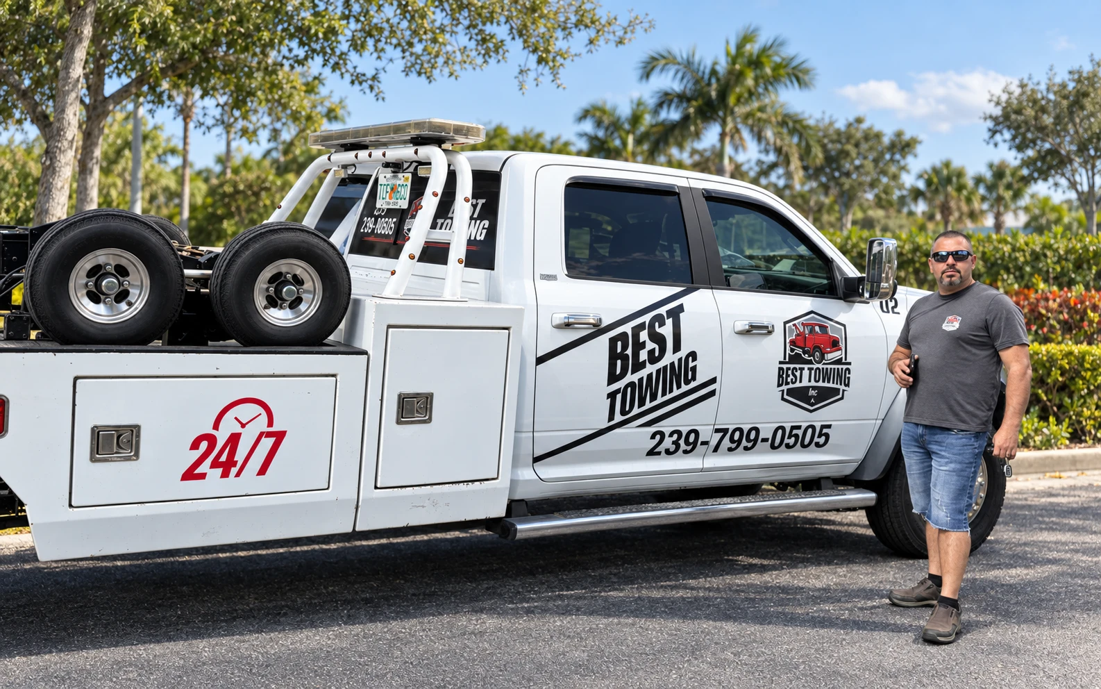 A Best Towing operator beside a service truck in Naples