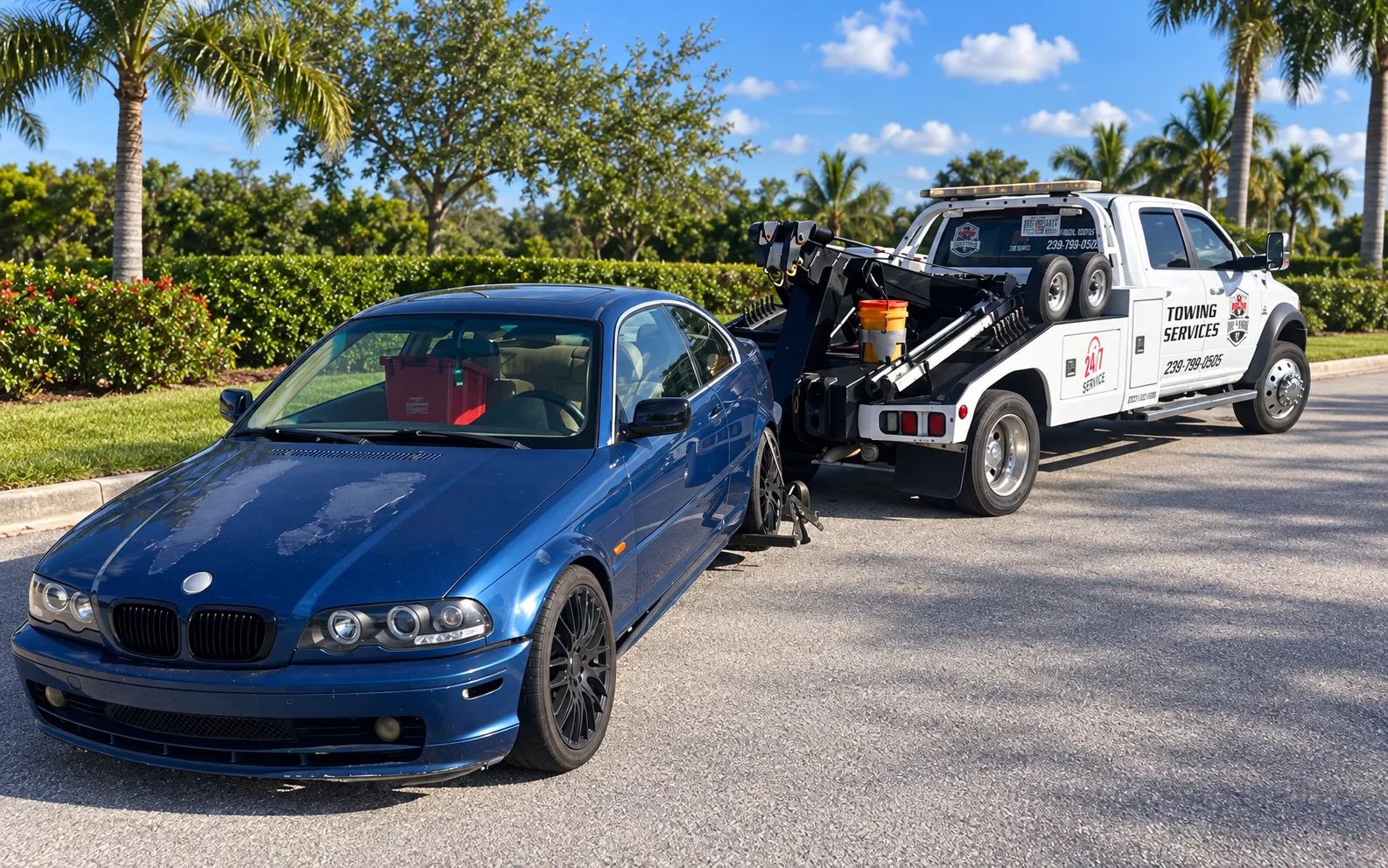 A Best Towing wrecker towing a blue BMW coupe on a Naples street