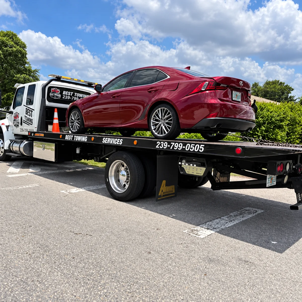 A red sedan secured on a Best Towing flatbed