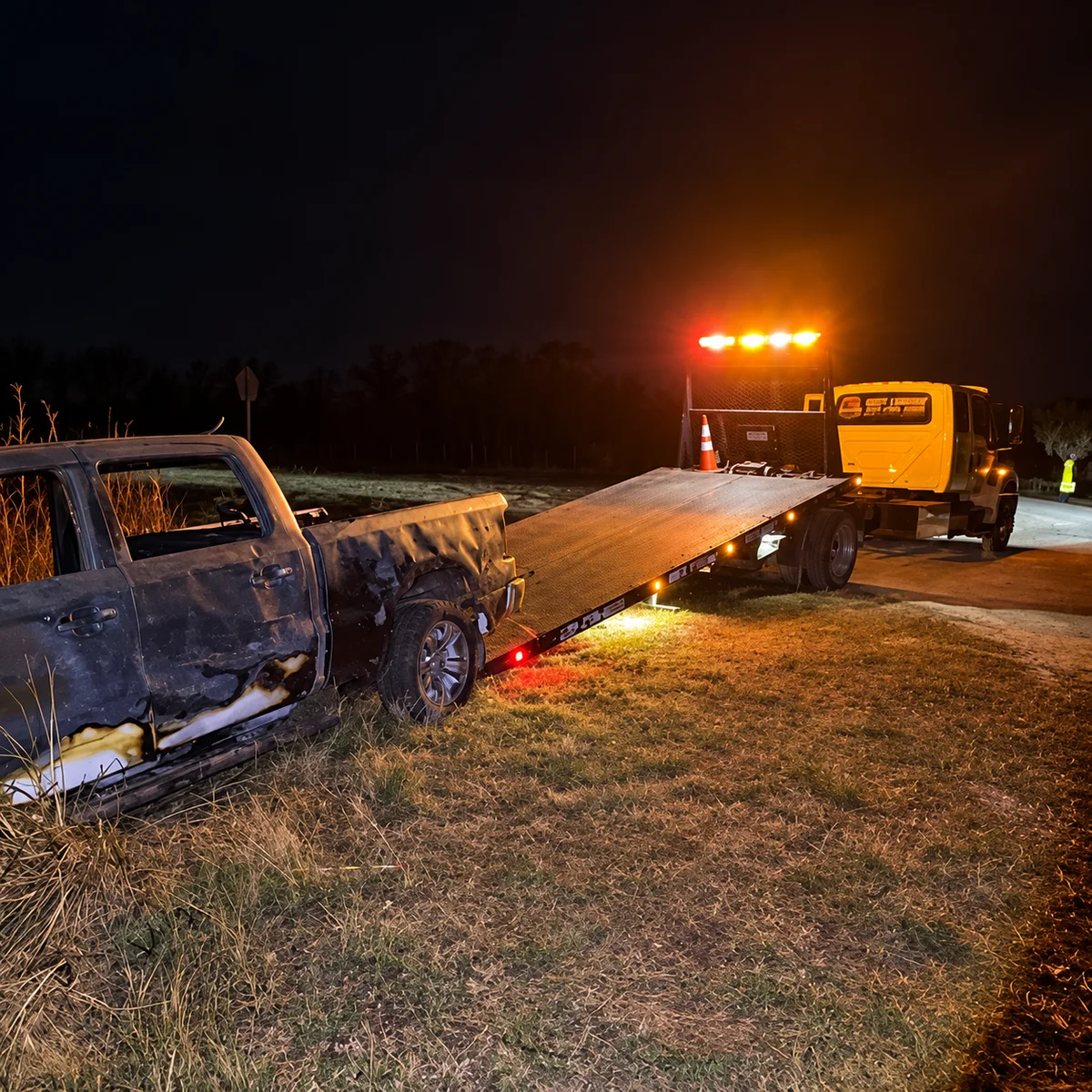 A Best Towing flatbed recovering a damaged pickup truck at night