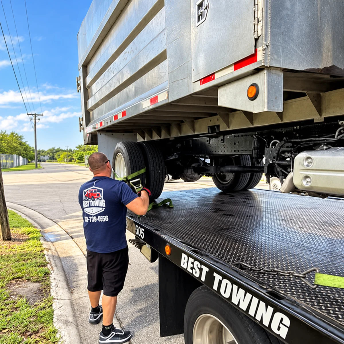 A Best Towing operator securing a vehicle on the flatbed