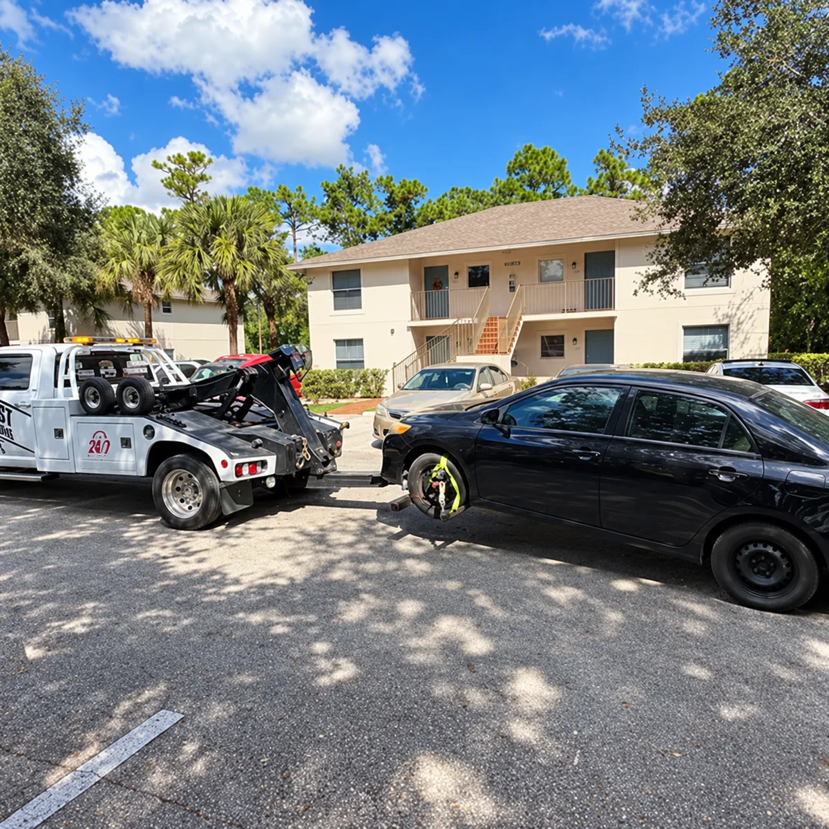 A Best Towing wrecker towing a black sedan from an apartment complex