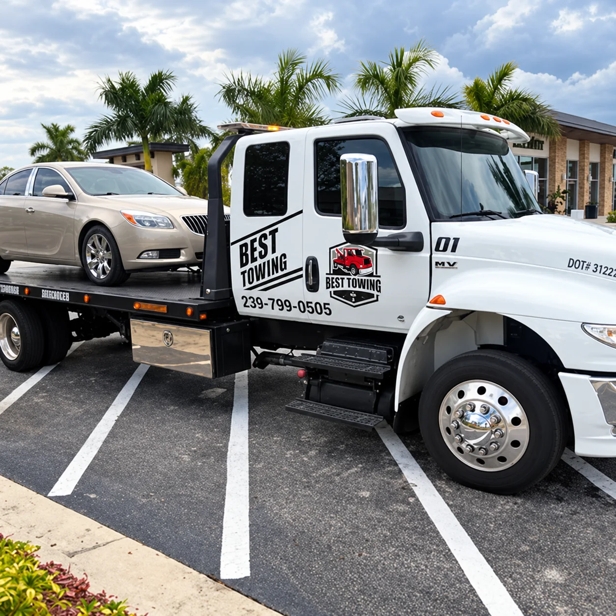 A Best Towing flatbed truck carrying a car under palm trees in Naples, Florida